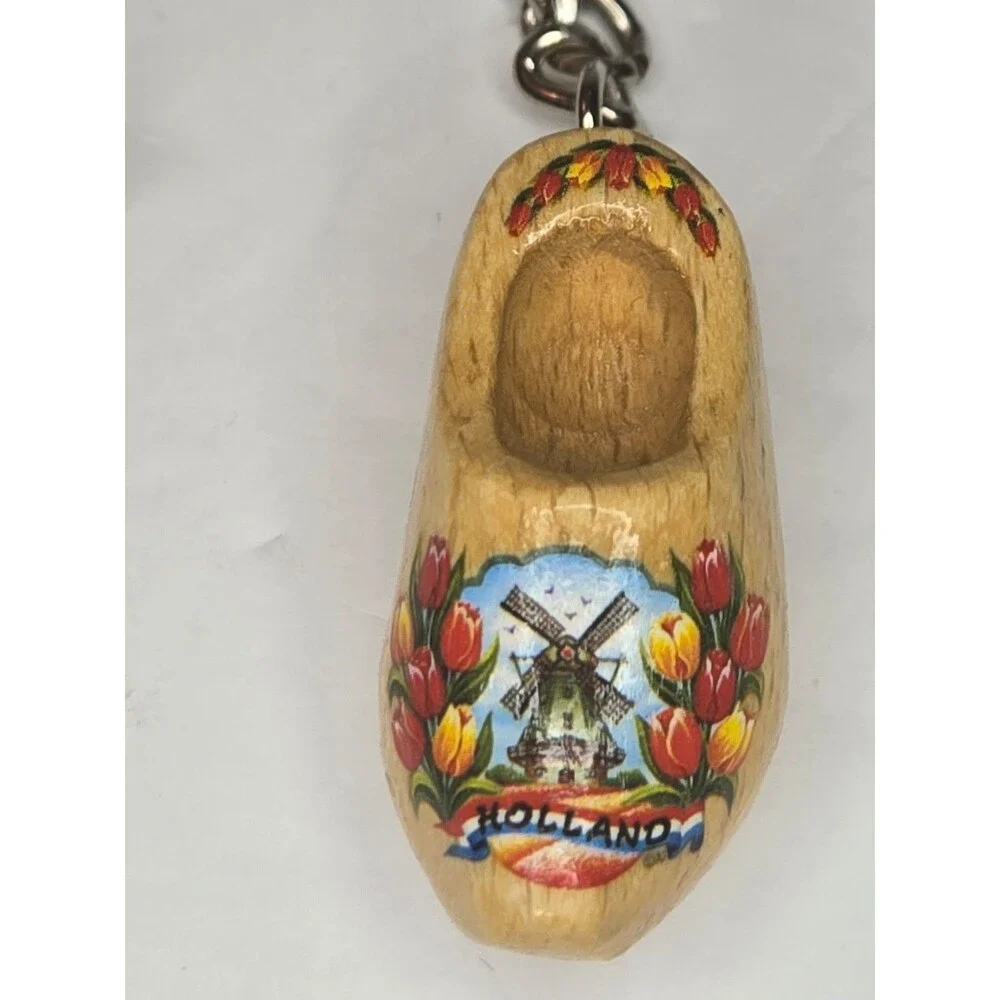 Varnished Tulip Wooden Shoe Keychain Windmill Holland #2